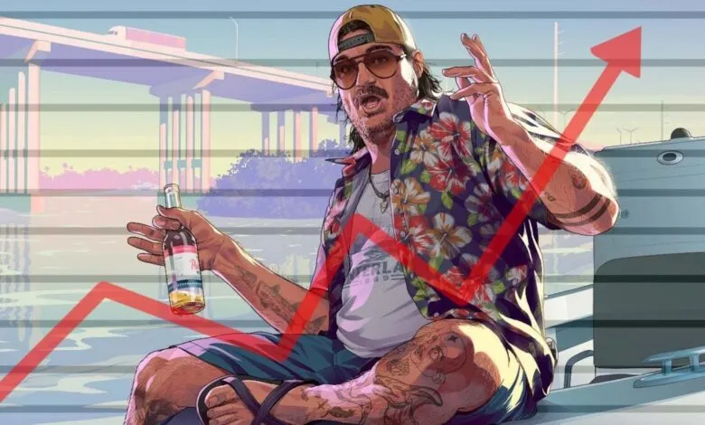GTA 6 styled character holding a bottle with a red upward growth chart overlaid on the scene.