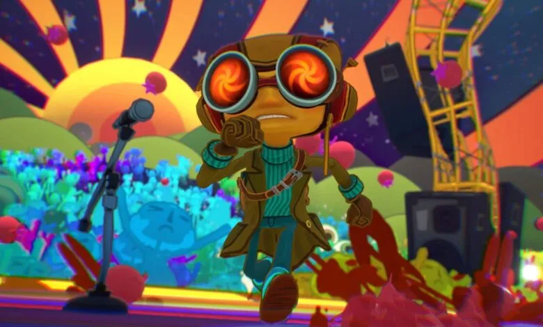 Animated character with swirling hypnotic goggles runs across a psychedelic stage.