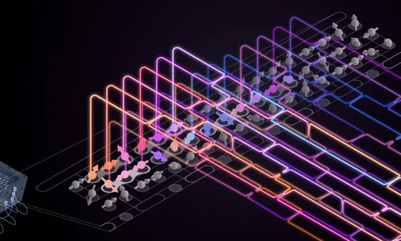 3D visualization of quantum computing architecture with glowing neon pathways and qubits