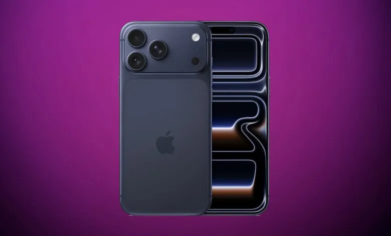 Front and back view of a dark blue smartphone featuring a triple camera array and sleek design.