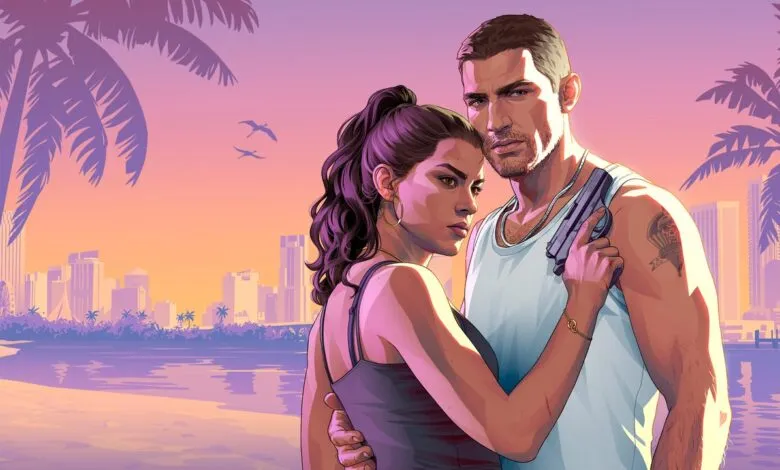 GTA 6 protagonists Jason and Lucia embracing against a vibrant sunset tropical skyline backdrop.