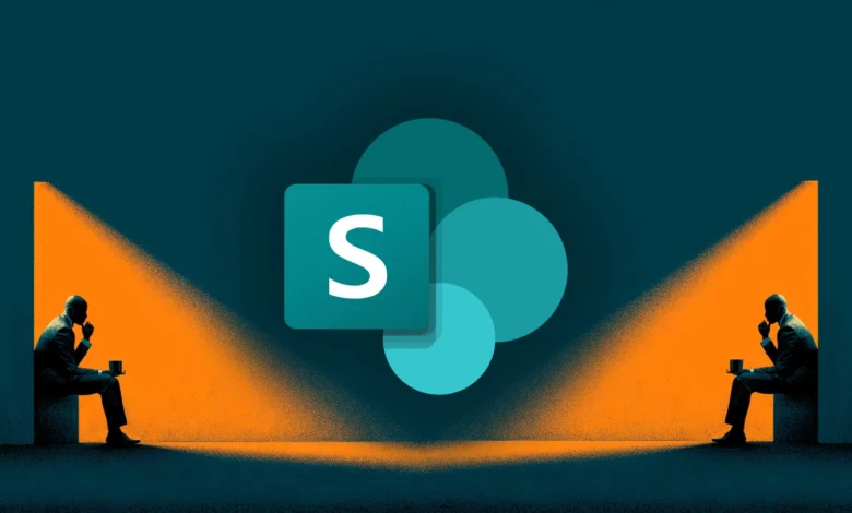 Microsoft SharePoint logo floats between two silhouetted figures in spotlights against a dark teal backdrop.