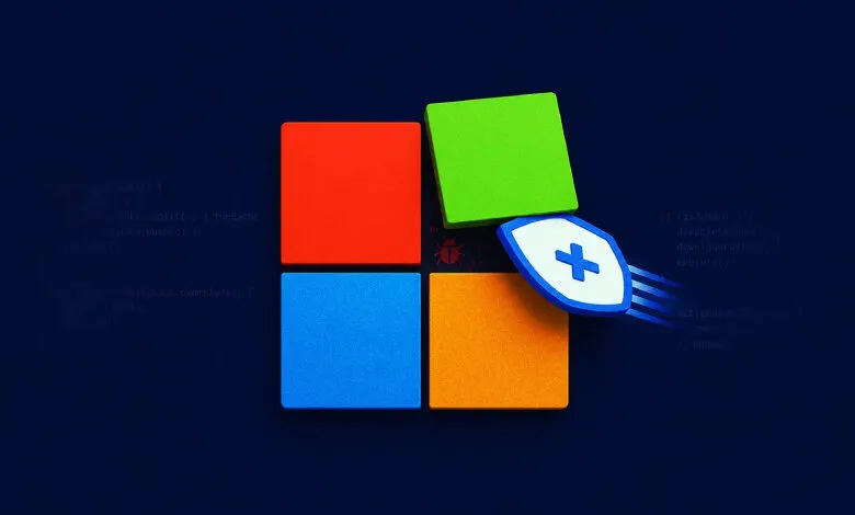 3D Microsoft logo with green tile lifting and blue shield patch flying over dark code background