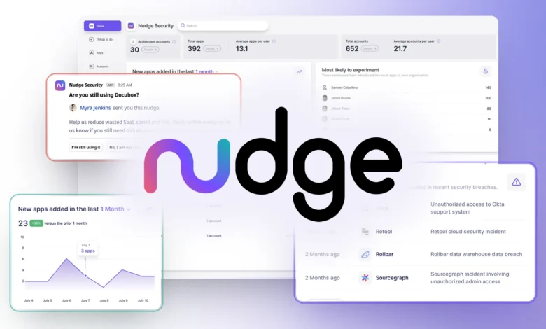 Nudge Security dashboard interface displaying metrics, apps, and security alerts.