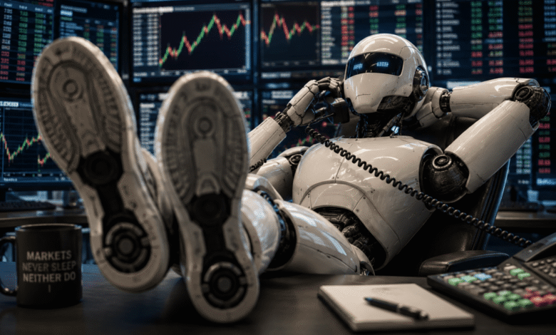 A humanoid robot relaxing with feet on desk, talking on phone in trading room