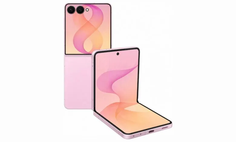 Pink Samsung foldable smartphone shown in folded and unfolded positions against a white background.