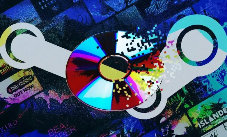 Steam logo overlaid with a shiny optical disc against a background of video game art.