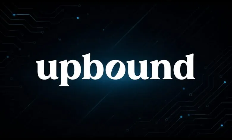 The word upbound rendered in bold white serif font against a dark blue technological background.
