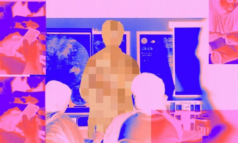 Collage depicting a pixelated teacher standing before students in a stylized blue and pink classroom.