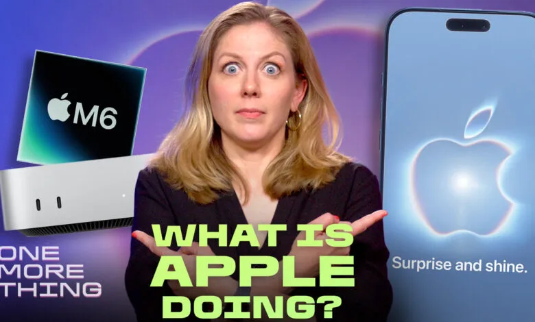 A presenter looks surprised with text reading What Is Apple Doing against a purple backdrop.