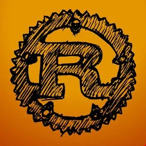 Hand-drawn sketch of the letter R inside a gear wheel on an orange background
