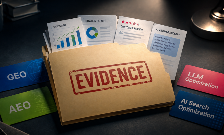 An evidence folder filled with AI search, GEO, and SEO optimization documents.