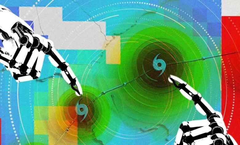 Robotic hands point toward swirling hurricane radar imagery on a colorful, textured background.