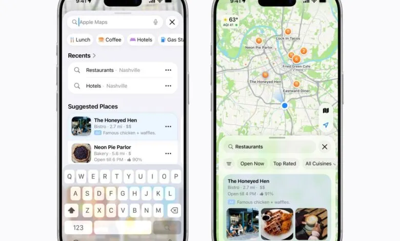 Two smartphones displaying Apple Maps interface with suggested business ads and restaurant listings.