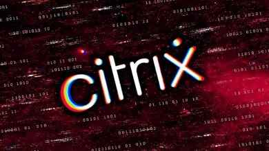 Citrix logo glowing in white with RGB split effects against a red digital binary background.