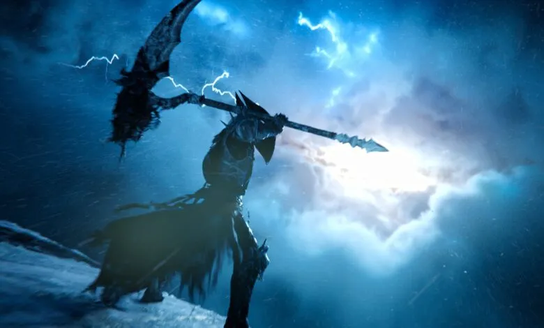 A warrior in dark armor wields a scythe amidst a stormy blue sky with lightning.