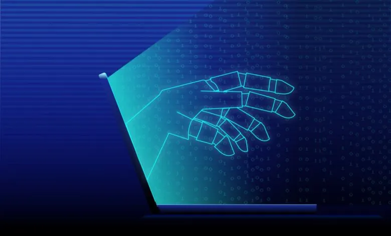 A glowing cybernetic robot hand emerges from a laptop screen against a blue binary code background.