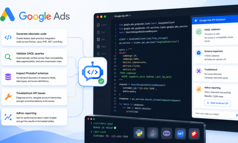 Google Ads API assistant dashboard showcasing code generation and GAQL query validation