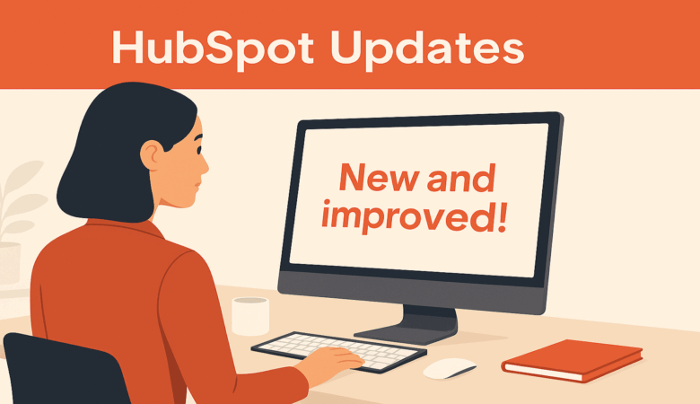 Illustration of a woman working at a computer with HubSpot Updates header