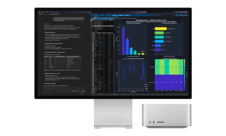 Mac Studio computer connected to a large display showing complex data analysis charts.