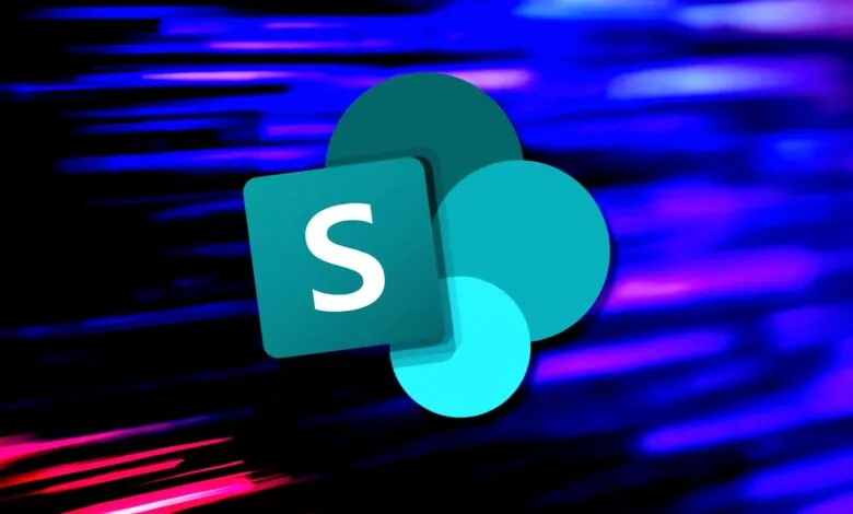 Microsoft SharePoint logo centered against a blurry, abstract blue and magenta motion background.