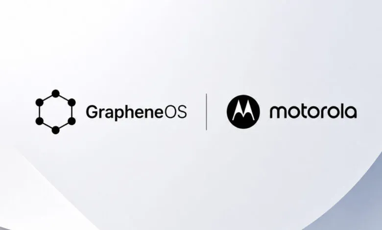 GrapheneOS and Motorola logos displayed side by side on a minimalist white and gray background.