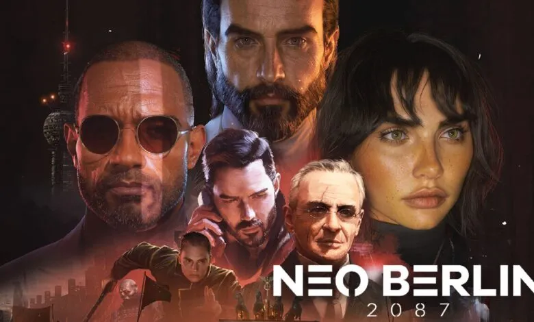 Promotional artwork featuring the characters and futuristic city skyline of Neo Berlin 2087.