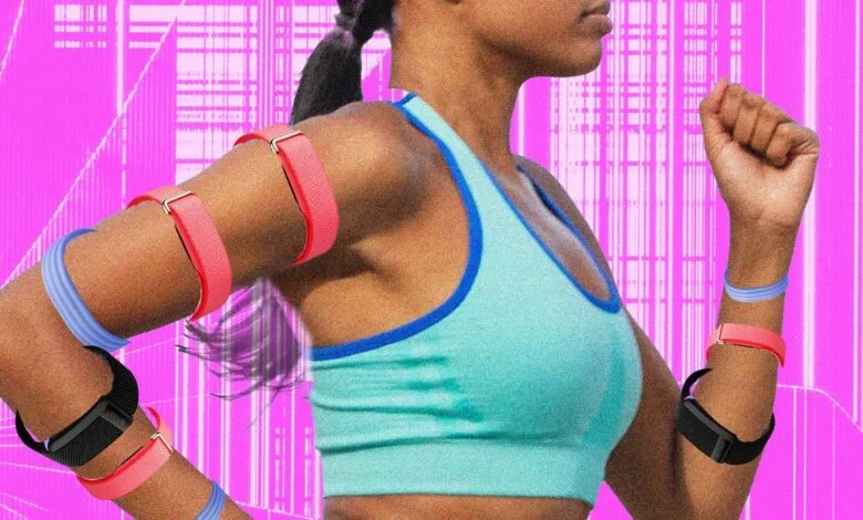 Runner wearing multiple screenless fitness trackers in vibrant pink, blue, and black against a neon background.