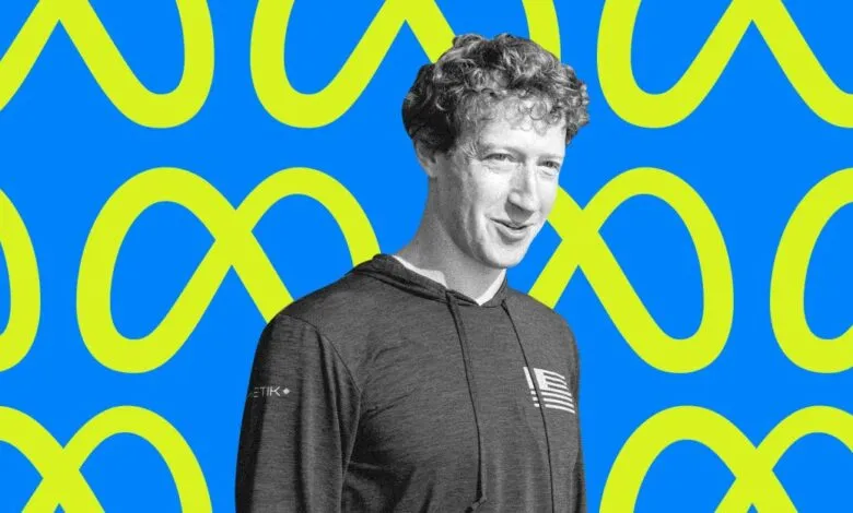 Mark Zuckerberg wearing a dark hoodie against a bright blue background with neon yellow infinity symbols.