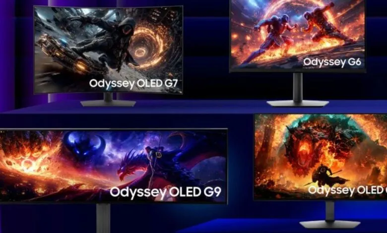 Four Samsung Odyssey gaming monitors displaying vibrant fantasy and sci-fi graphics on purple stands.