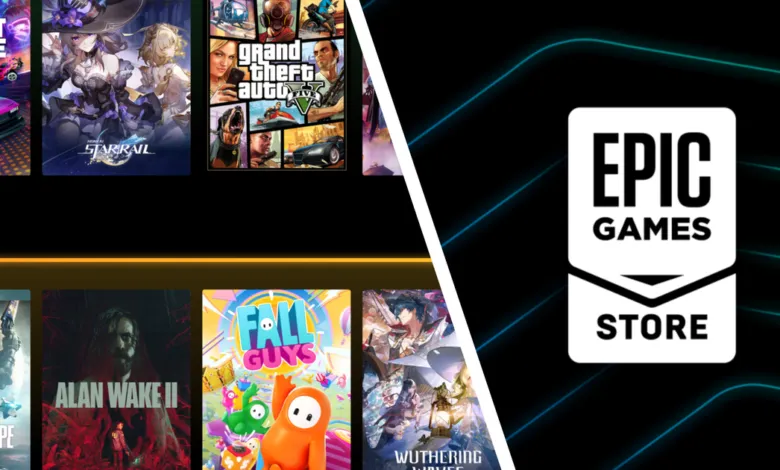 Epic Games Store interface displaying popular video games like GTA V and Fall Guys.