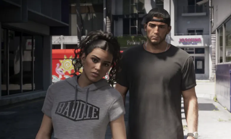 Lucia and Jason from Grand Theft Auto VI walking together on a sunny street.