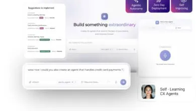 Interface mockup for building self-learning AI agents with voice chat and suggestions.