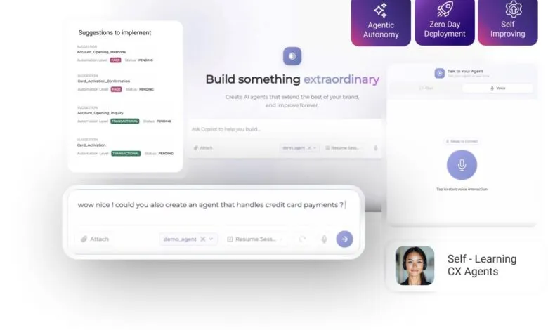 Interface mockup for building self-learning AI agents with voice chat and suggestions.