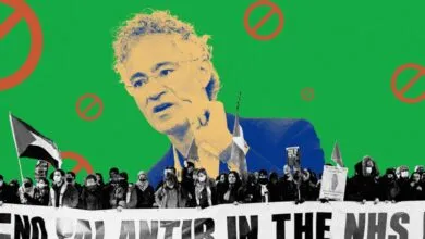 Alex Karp, Palantir CEO, overlaid on a green background above a crowd holding a banner saying No Palantir in the NHS