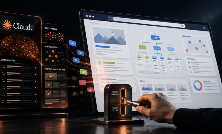 A hand pulls a switch from human approval to publish, connecting Claude AI data to a website structure.