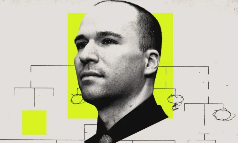 Portrait of entrepreneur and Palantir CEO Alex Karp against an abstract organizational chart background.