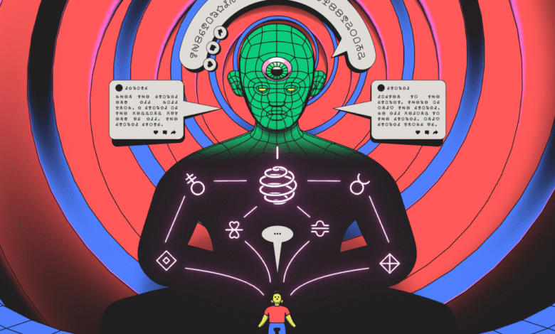 Surreal digital artwork of a green wireframe human figure meditating before a red spiral background