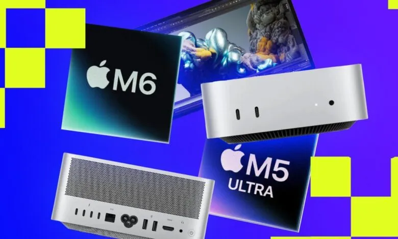 Apple M6 and M5 Ultra chips alongside Mac Studio computer and display