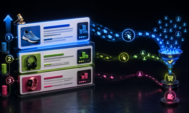 3D render illustrating a digital marketing sales funnel with product listings and user traffic.