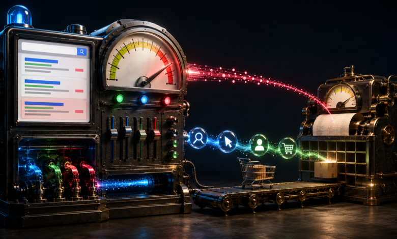 Steampunk machine with dials, gauges, and glowing data streams processing e-commerce metrics.