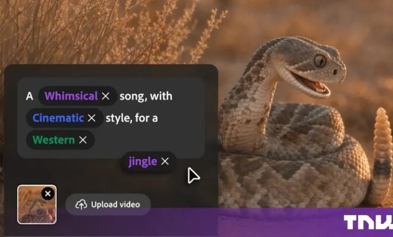 Adobe Firefly interface with text prompts for generating sound alongside a rattlesnake video