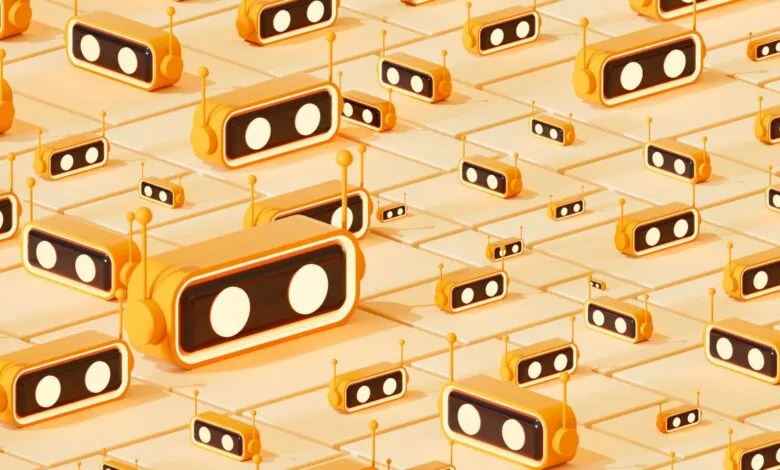 An isometric pattern of cute orange and yellow AI robot heads with glowing eyes.