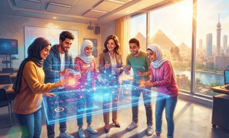 Diverse professionals gather around a glowing futuristic holographic data table in a modern office with Cairo skyline views.