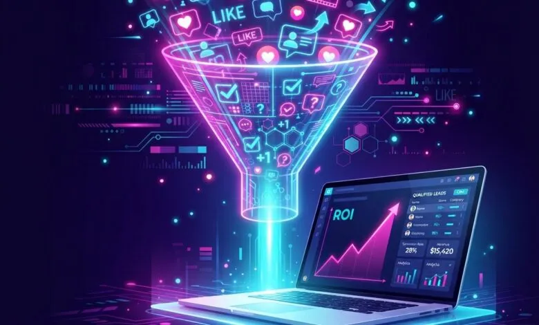 Neon digital funnel filtering social media icons into a laptop displaying rising ROI metrics.