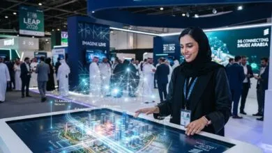 A woman interacting with a futuristic digital city model on a large touch screen at a tech expo.