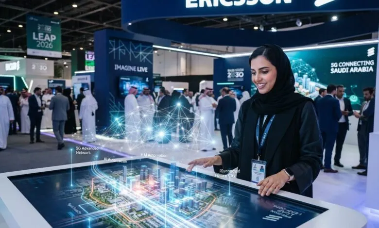 A woman interacting with a futuristic digital city model on a large touch screen at a tech expo.