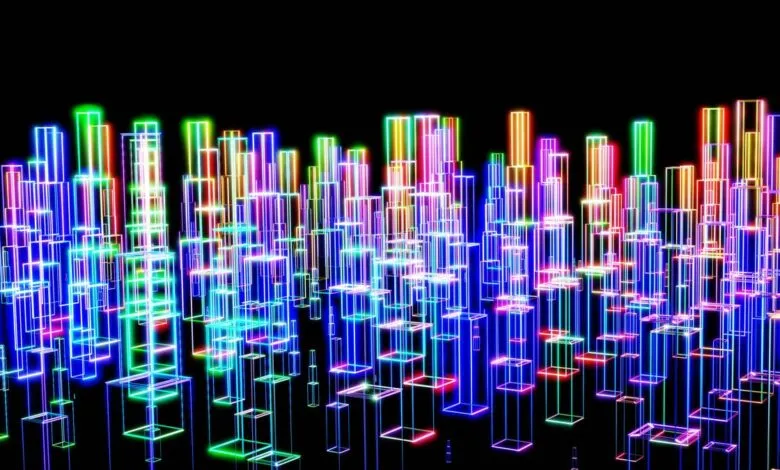 Neon wireframe skyline glowing in vibrant colors against a black background