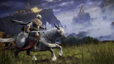 Armored knight riding a horned white horse across a grassy field toward a distant fantasy castle.