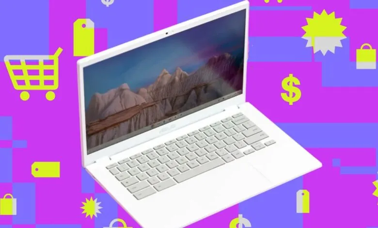 A white Asus Chromebook against a vibrant purple and blue geometric background with shopping icons.